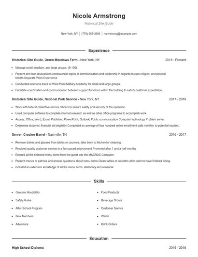 Historical Site Guide Resume