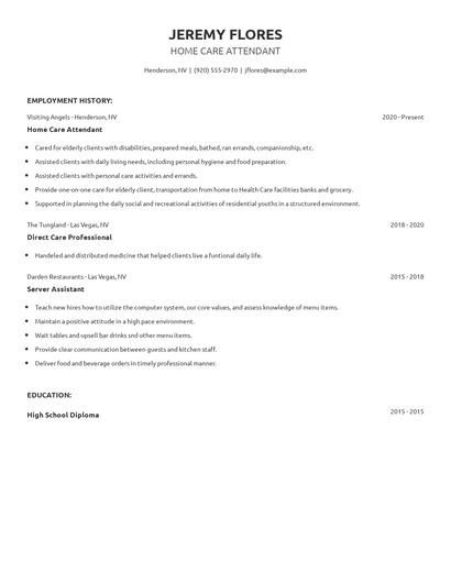 Home Care Attendant Resume