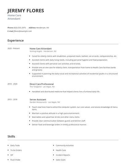 Home Care Attendant Resume