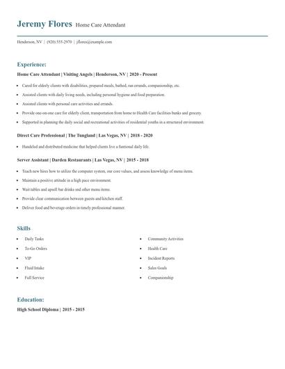 Home Care Attendant Resume