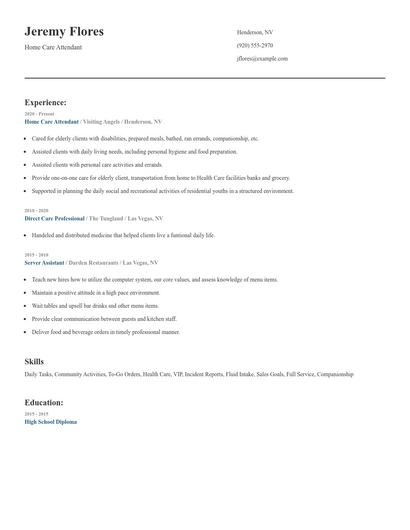 Home Care Attendant Resume