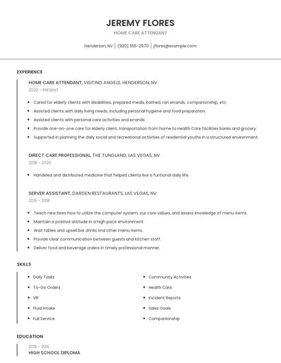 Home Care Attendant Resume