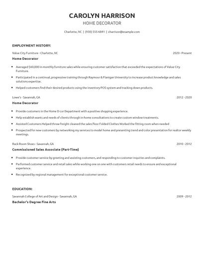Home Decorator Resume