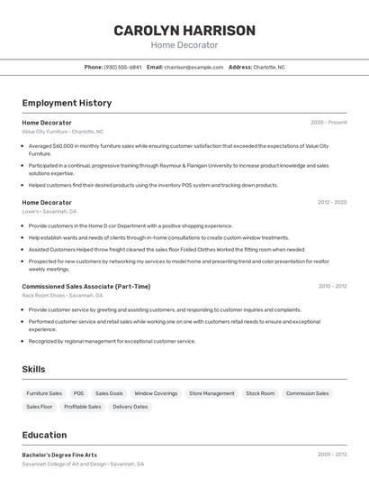 Home Decorator Resume