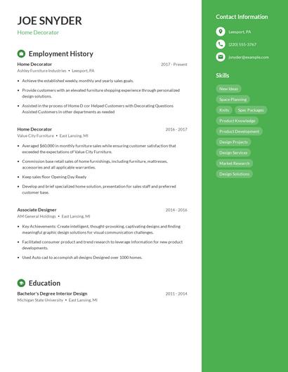 Home Decorator Resume