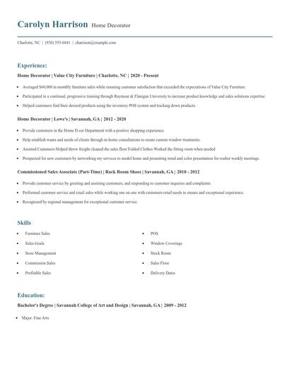 Home Decorator Resume