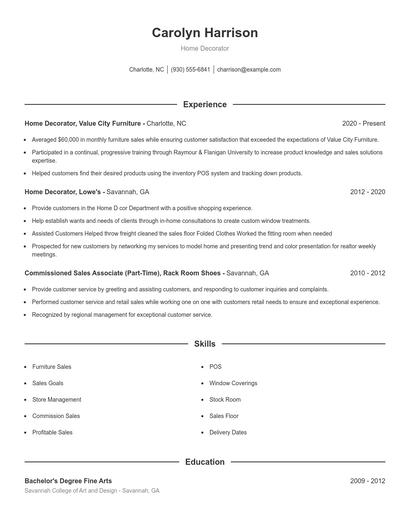 Home Decorator Resume