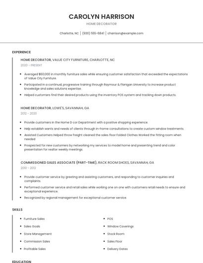 Home Decorator Resume
