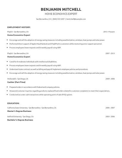 Home Economics Expert Resume