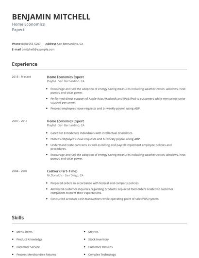 Home Economics Expert Resume