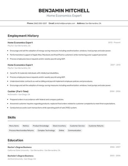 Home Economics Expert Resume