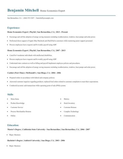 Home Economics Expert Resume