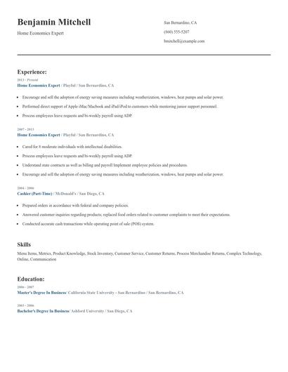 Home Economics Expert Resume