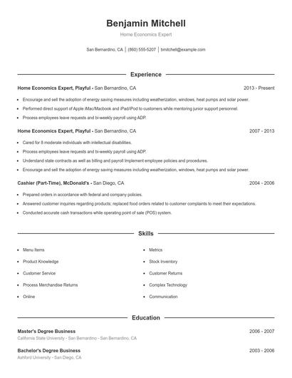 Home Economics Expert Resume