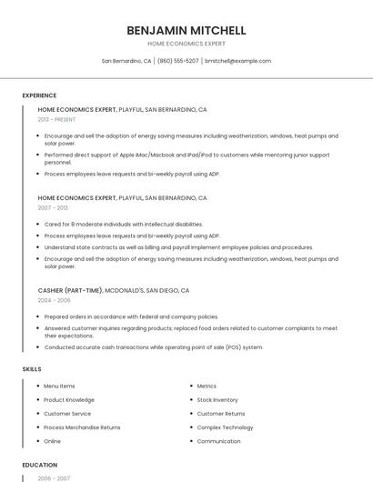 Home Economics Expert Resume