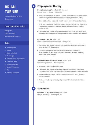 Home Economics Teacher Resume