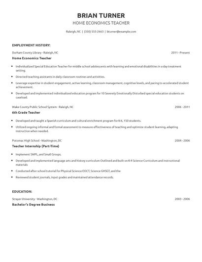 Home Economics Teacher Resume