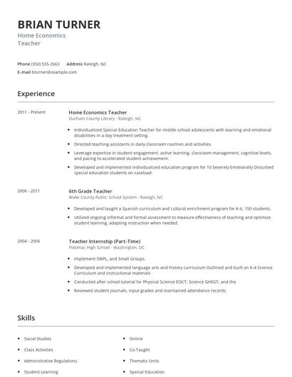 Home Economics Teacher Resume