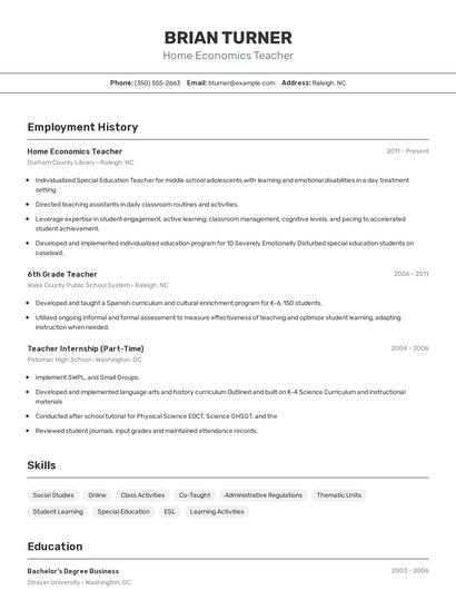 Home Economics Teacher Resume