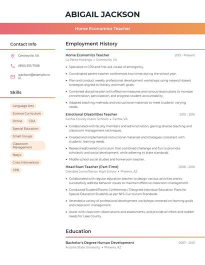 Home Economics Teacher Resume