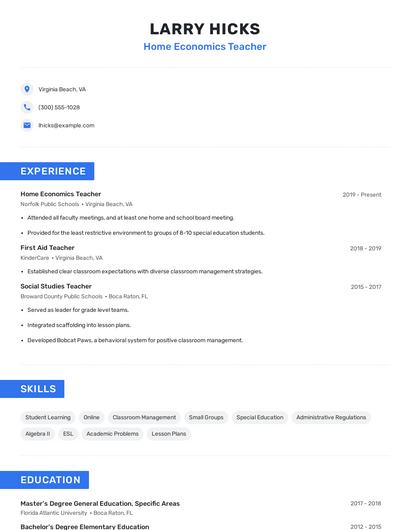 Home Economics Teacher Resume
