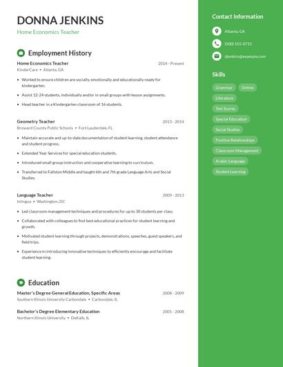 Home Economics Teacher Resume