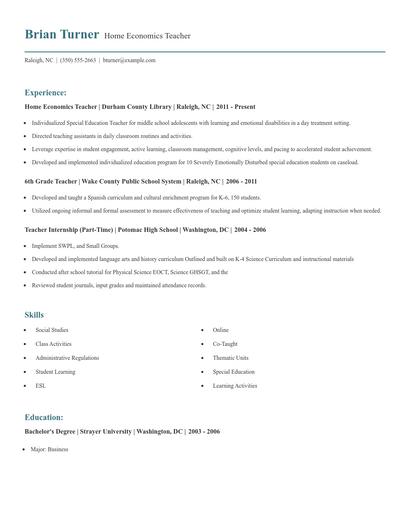 Home Economics Teacher Resume