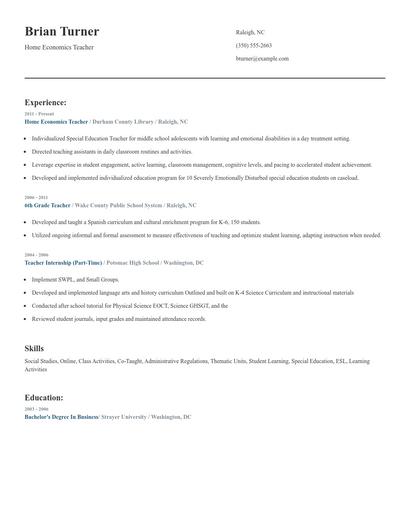 Home Economics Teacher Resume