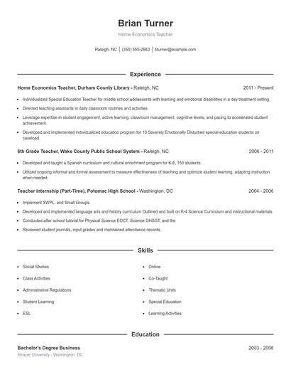 Home Economics Teacher Resume