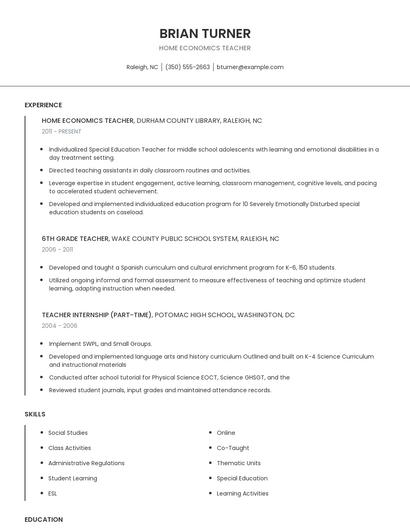 Home Economics Teacher Resume