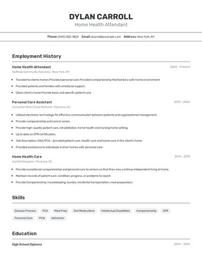 Home Health Attendant Resume