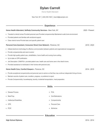 Home Health Attendant Resume