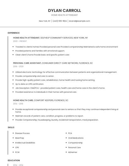 Home Health Attendant Resume