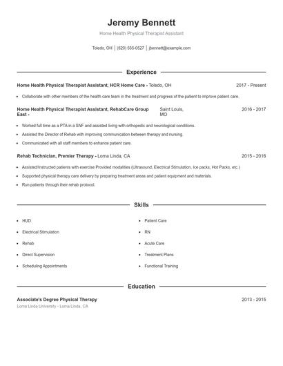 Home Health Physical Therapist Assistant Resume