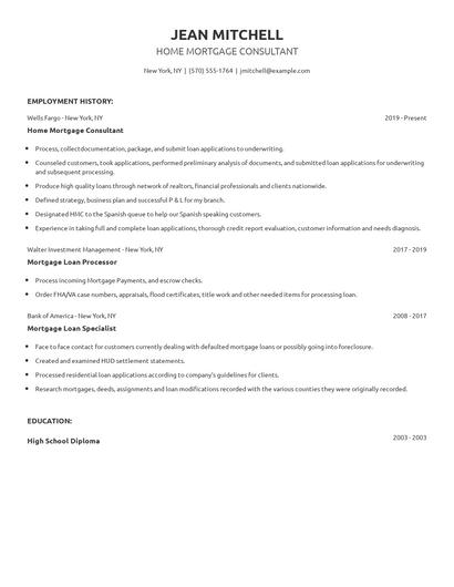 Home Mortgage Consultant Resume
