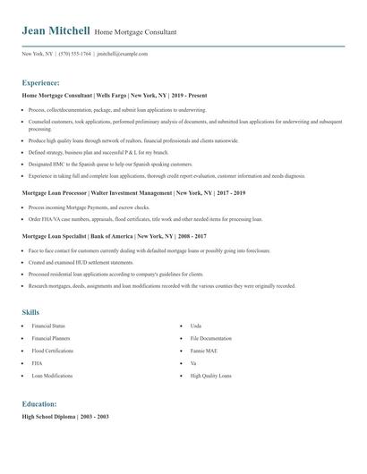 Home Mortgage Consultant Resume