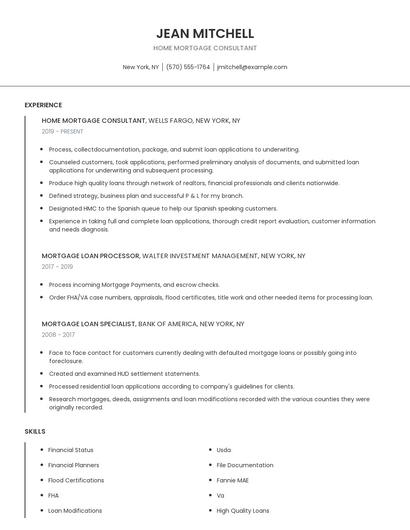 Home Mortgage Consultant Resume