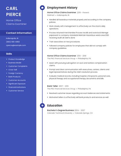 Home Office Claims Examiner Resume