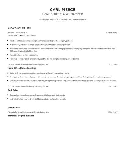 Home Office Claims Examiner Resume
