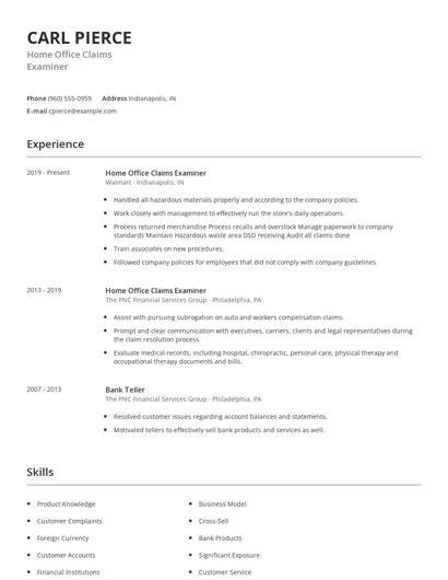 Home Office Claims Examiner Resume
