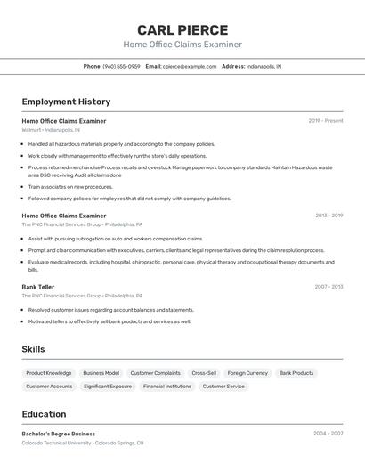 Home Office Claims Examiner Resume