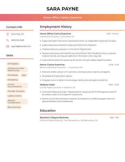 Home Office Claims Examiner Resume
