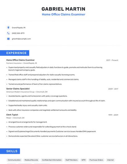 Home Office Claims Examiner Resume