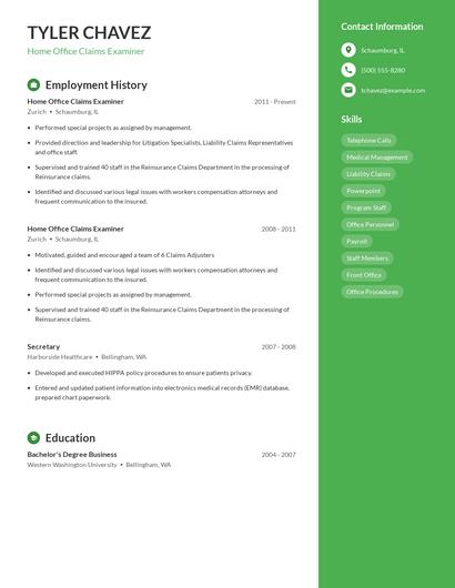 Home Office Claims Examiner Resume