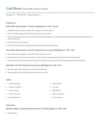 Home Office Claims Examiner Resume