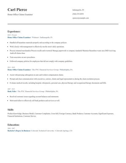 Home Office Claims Examiner Resume