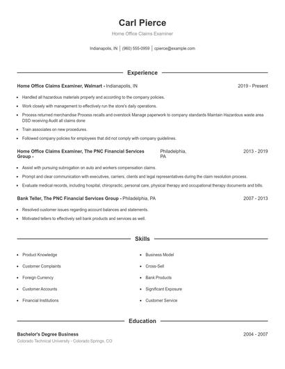 Home Office Claims Examiner Resume