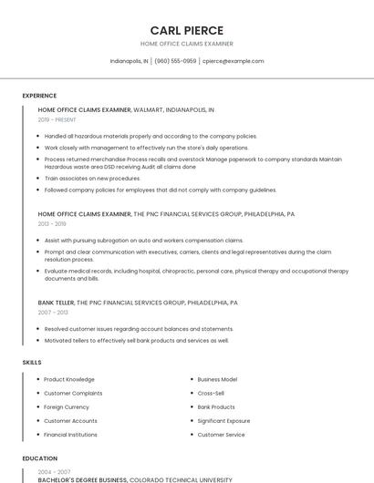 Home Office Claims Examiner Resume