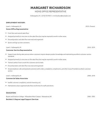 Home Office Representative Resume