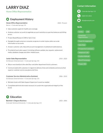 Home Office Representative Resume
